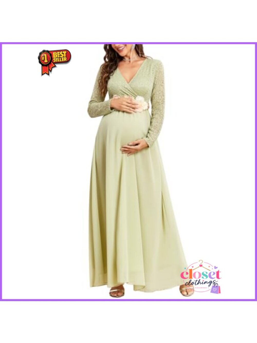 Maternity Lace Chiffon Wrap Maxi Dress Long Sleeve Baby Shower Gown